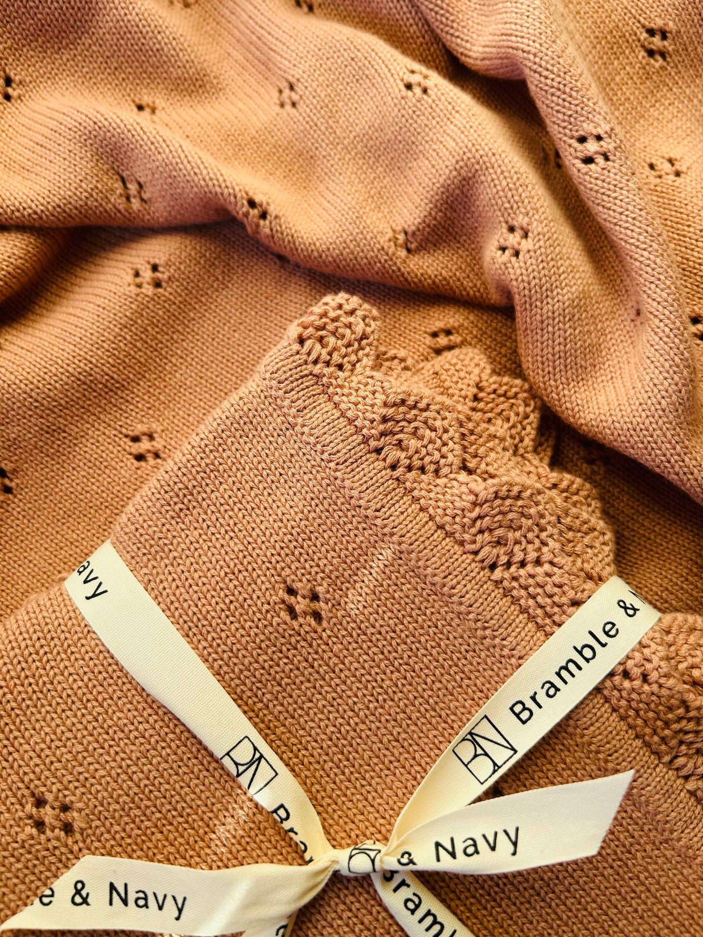 Edged Pointelle Cotton Knit Baby Blanket - Soft Terracotta