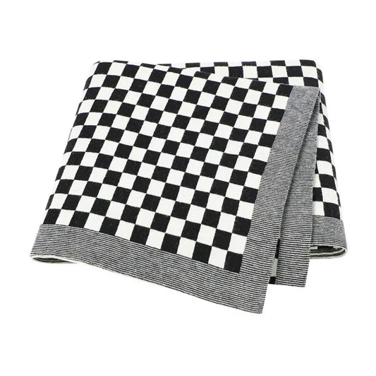 Checkered Cotton Knit Baby Blanket - Black/Grey