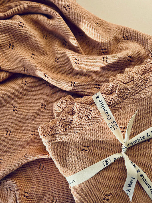 Edged Pointelle Cotton Knit Baby Blanket - Soft Terracotta