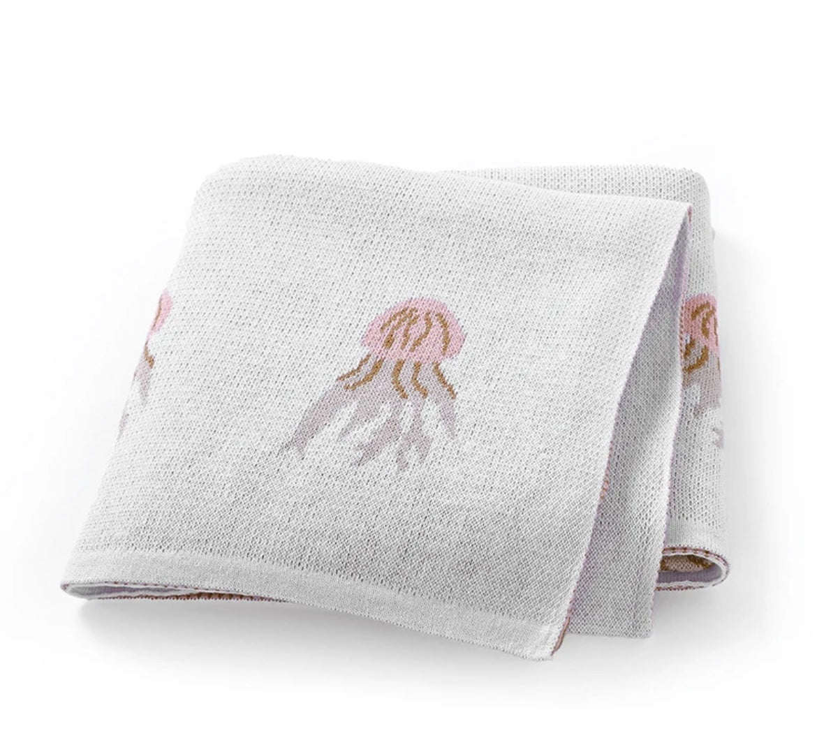 Jellyfish Cotton Knit Baby Blanket - Soft Grey