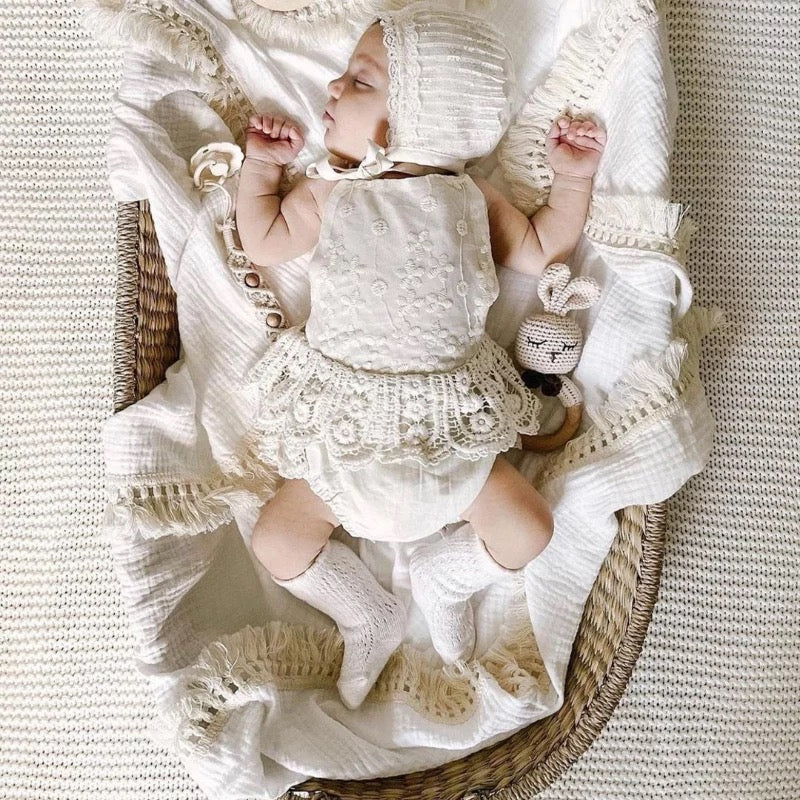 Cotton muslin fringe boho multi use swaddle - Off white