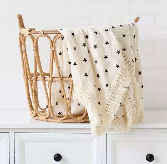 Cotton muslin fringe boho multi use swaddle - Star