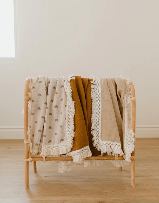 Cotton muslin fringe multi use swaddle - Nude