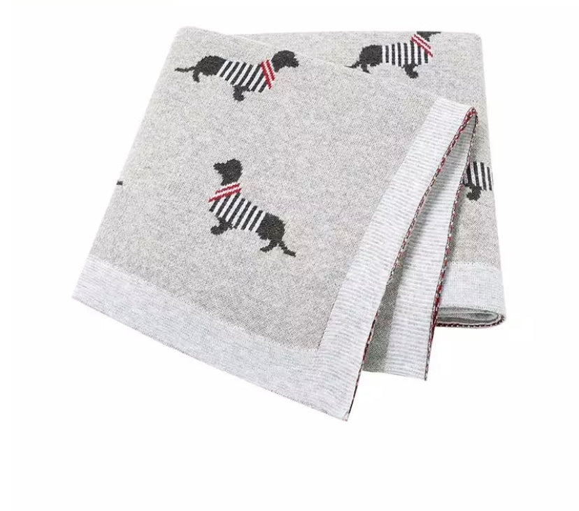 Cotton knit Dachshund/Sausage Dog print blanket - Grey