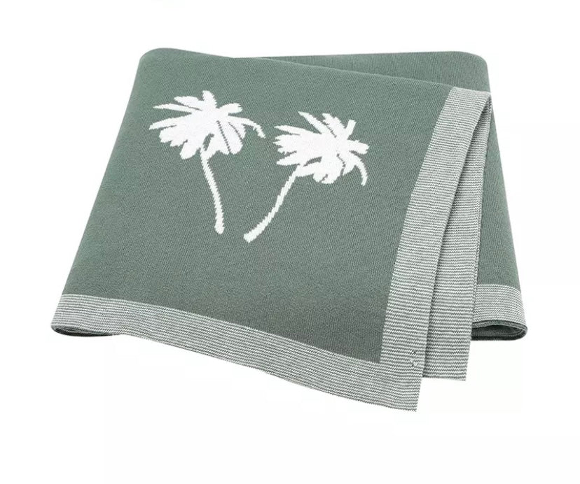 Cotton knit palm tree print blanket - Sage