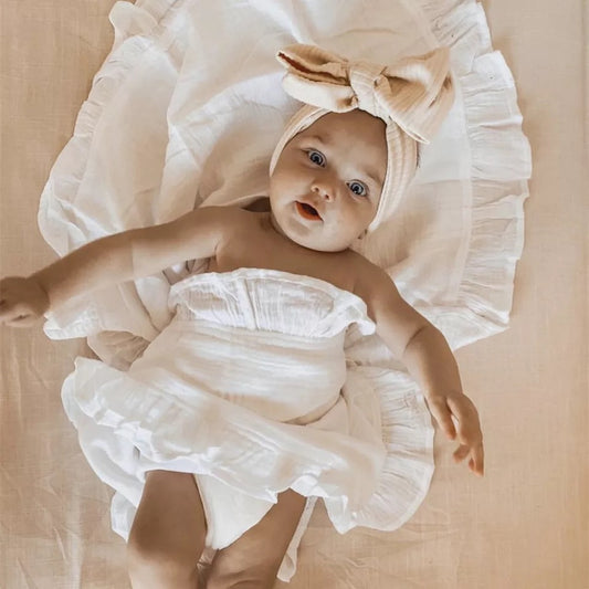 Ruffle edge cotton muslin swaddle  - White