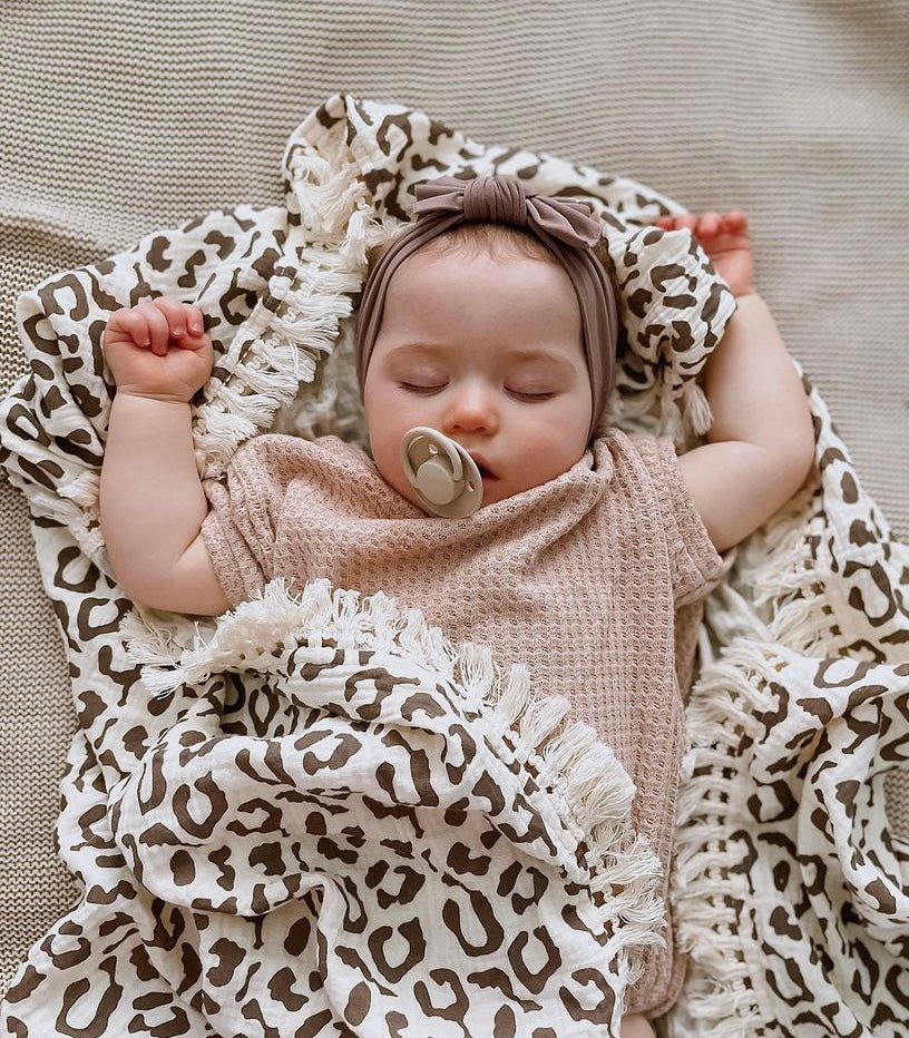 Cotton muslin fringe boho multi use swaddle - Leopard