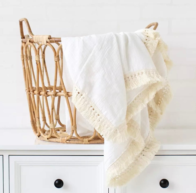 Cotton muslin fringe boho multi use swaddle - Off white