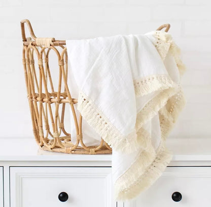 Cotton muslin fringe boho multi use swaddle - Off white