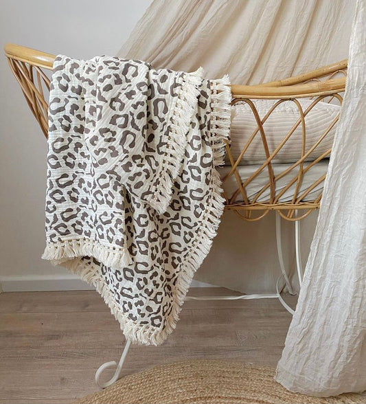 Cotton muslin fringe boho multi use swaddle - Leopard