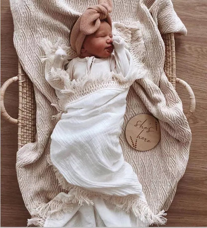 Cotton muslin fringe boho multi use swaddle - Off white