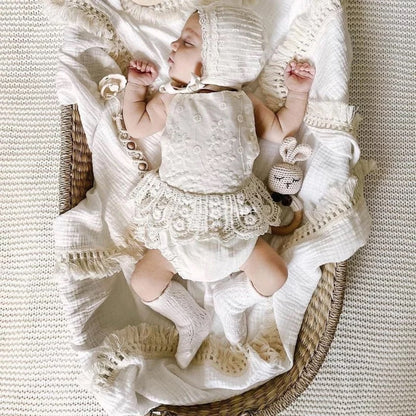 Cotton muslin fringe boho multi use swaddle - Off white