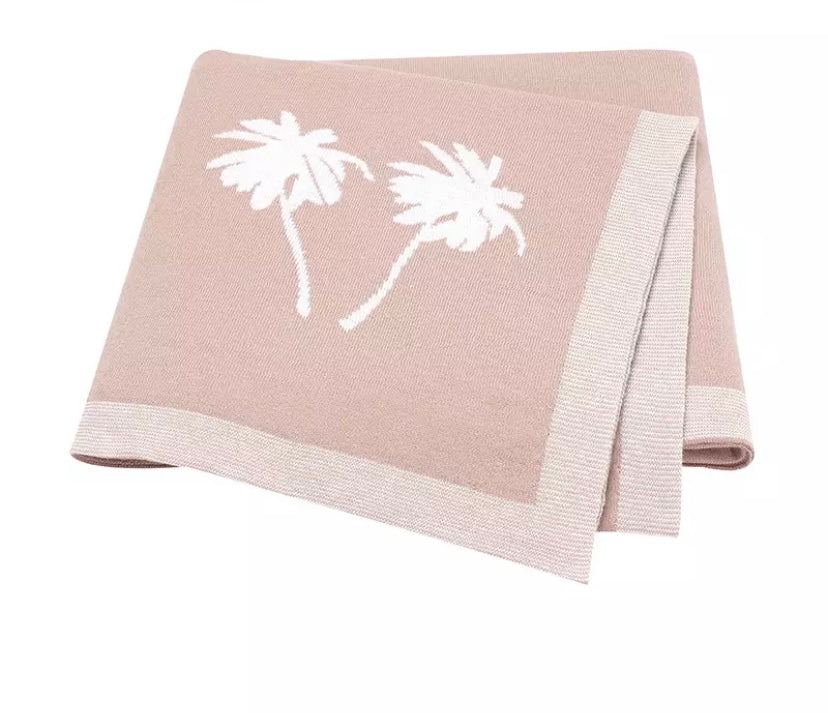 Cotton knit palm tree print blanket - Soft pink