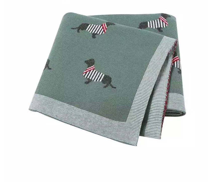 Cotton knit Dachshund print blanket - Sage