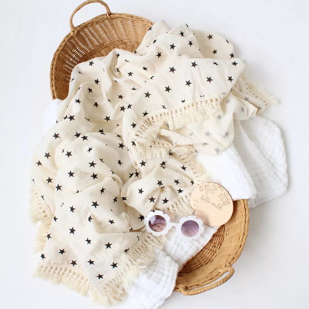 Cotton muslin fringe boho multi use swaddle - Star