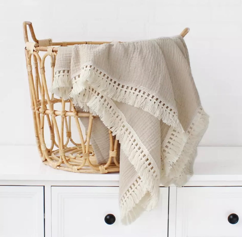 Cotton muslin fringe multi use swaddle - Nude